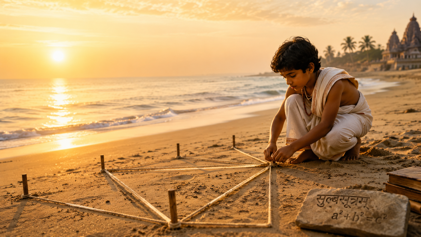 A young child building rope-and-stake geometry on an Indian seashore at golden hour