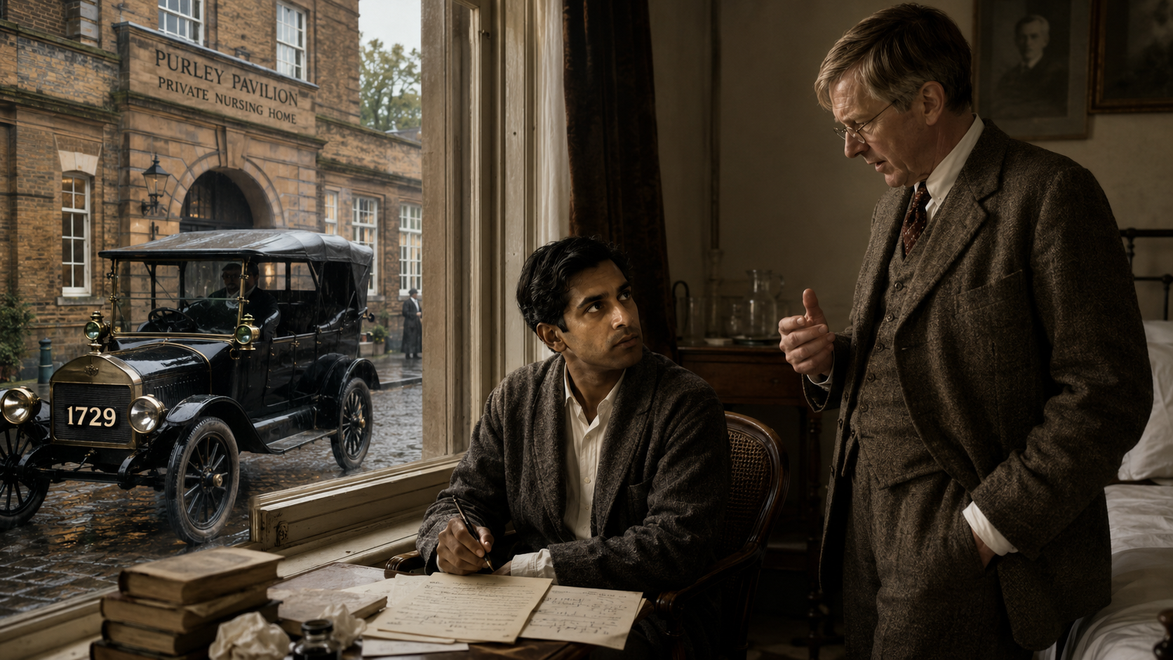 A reimagining of G. H. Hardy meeting Srinivasa Ramanujan beside a taxicab numbered 1729 on a rainy Cambridge street